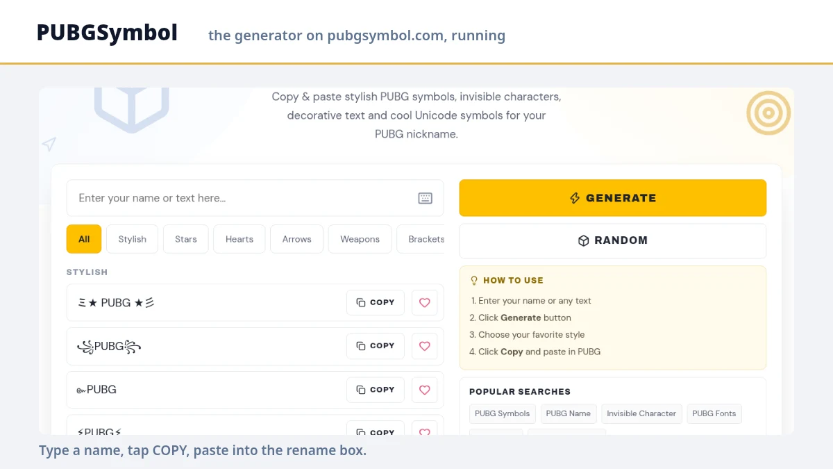 The PUBGSymbol pubg name style generator running, showing styled results with copy buttons